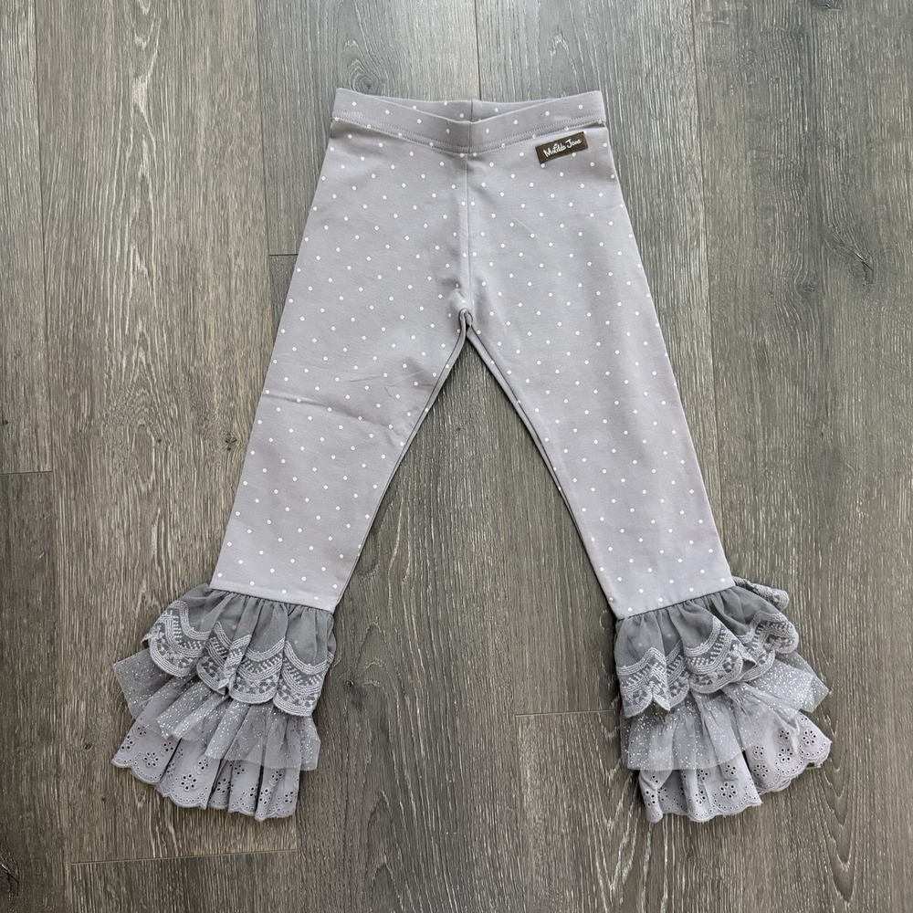 Matilda Jane 6 Girl Edie Benny Gray Pink Polka Dot Lace Ruffle Leggings Eyelet